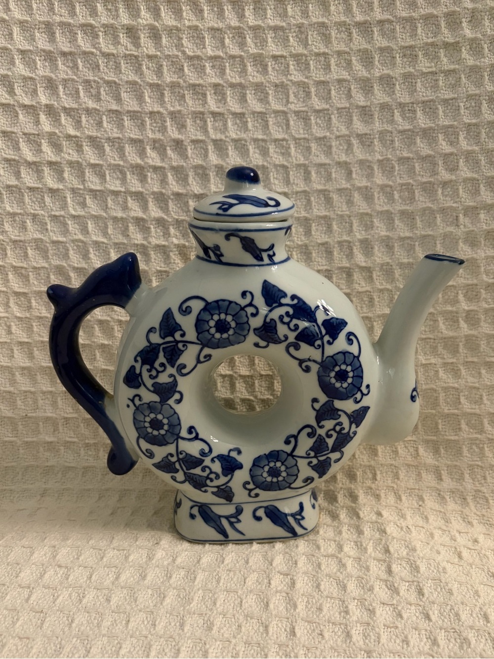 Vintage Blue And White Floral Ceramic Donut  Teapot - Decorative Home Art